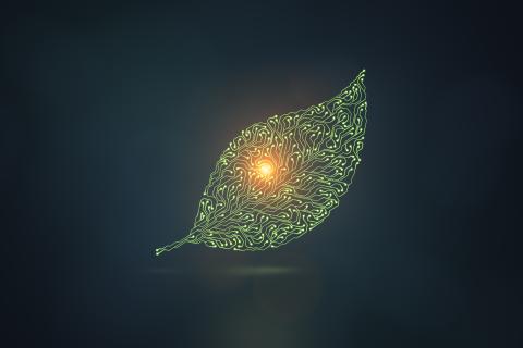 Artificial intelligence leaf symbol on dark background stock photo