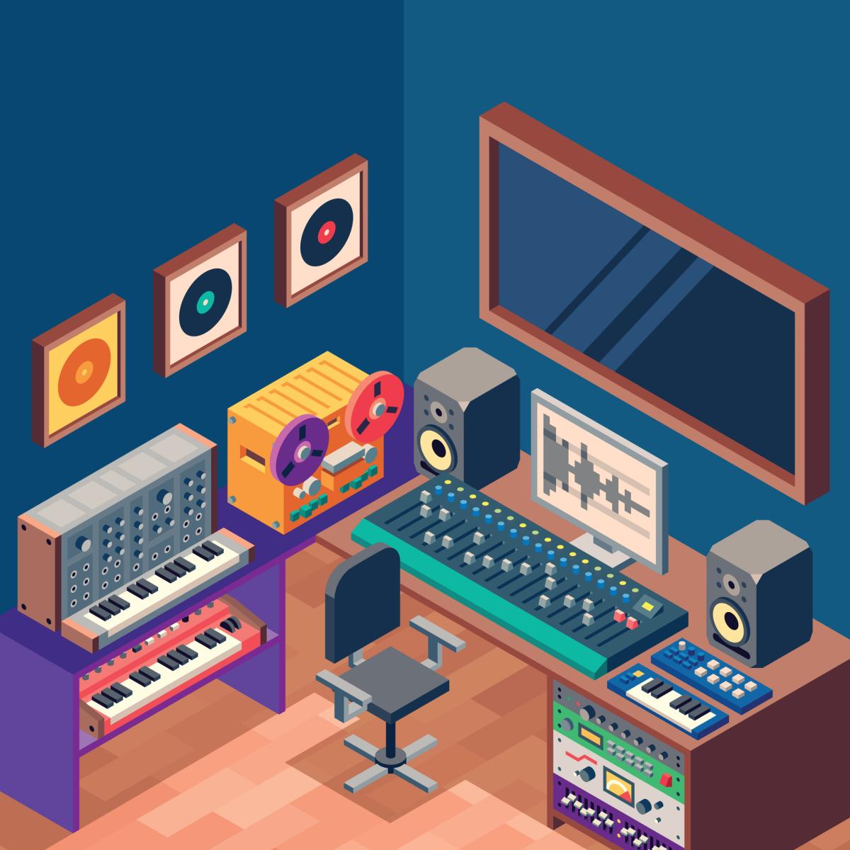 Audio editing studio isometric cartoon