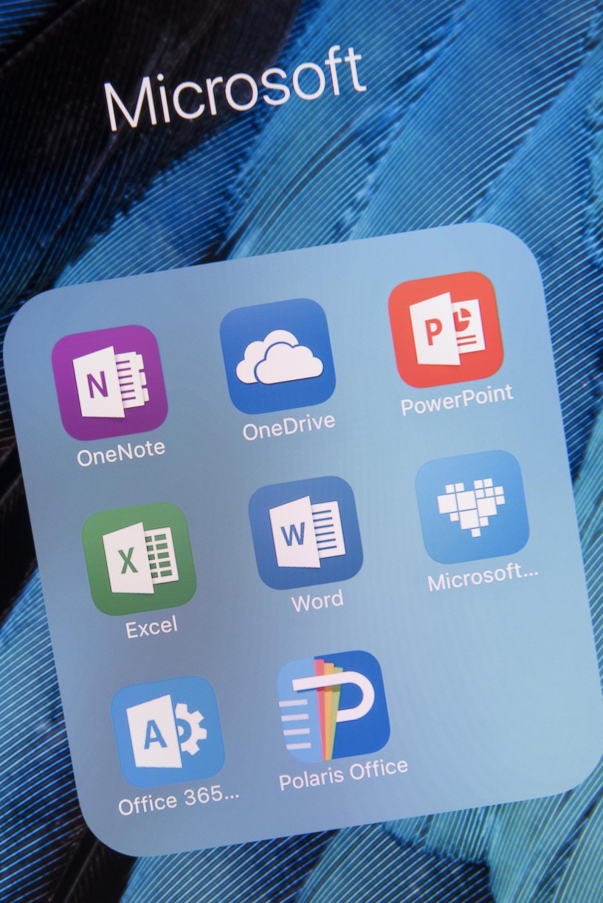 Phone displaying MS Office suite apps